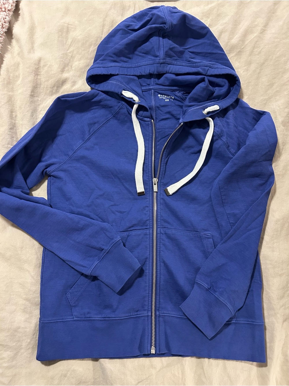 Athleta womens Blue Full-Zip Hooded Sweatshirt with White Drawstrings